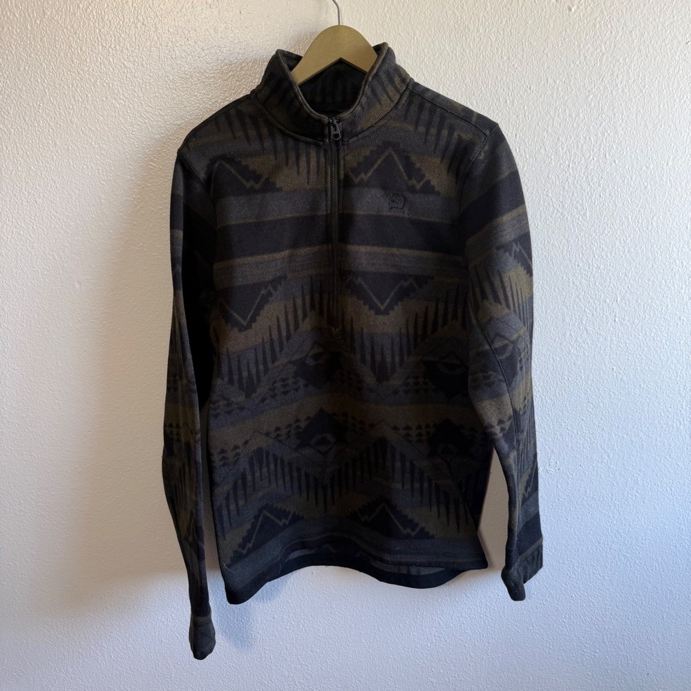 Cinch Men's Medium Olive Green Gray Aztec Fleece 1/4 Zip Pullover Southwestern